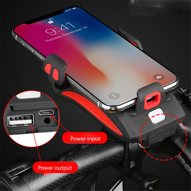 4-in-1 Bike Handlebar Gadget with Phone Holder, LED Light, Power Bank, and Horn