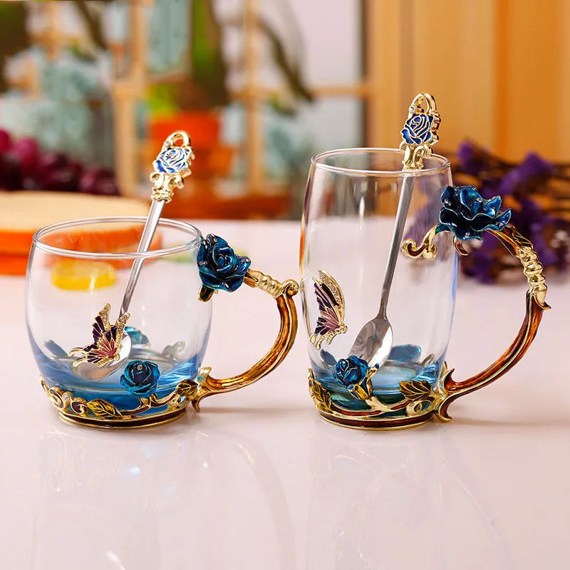 Clear Glass Coffee and Tea Mug Set with Stainless Steel Spoon and Coaster, Blue Rose Enamel Design