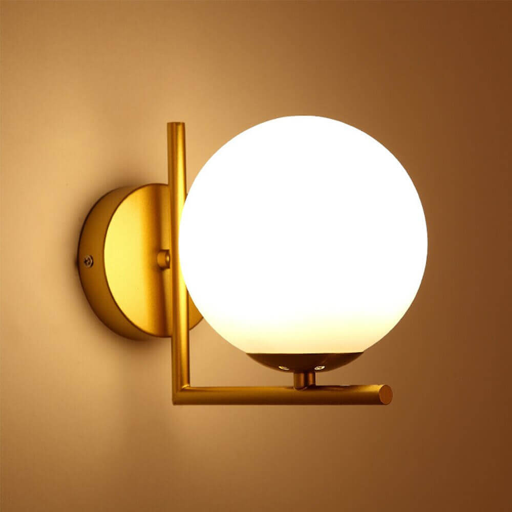 Gold Modern Wall Light with White Glass Sphere Shade