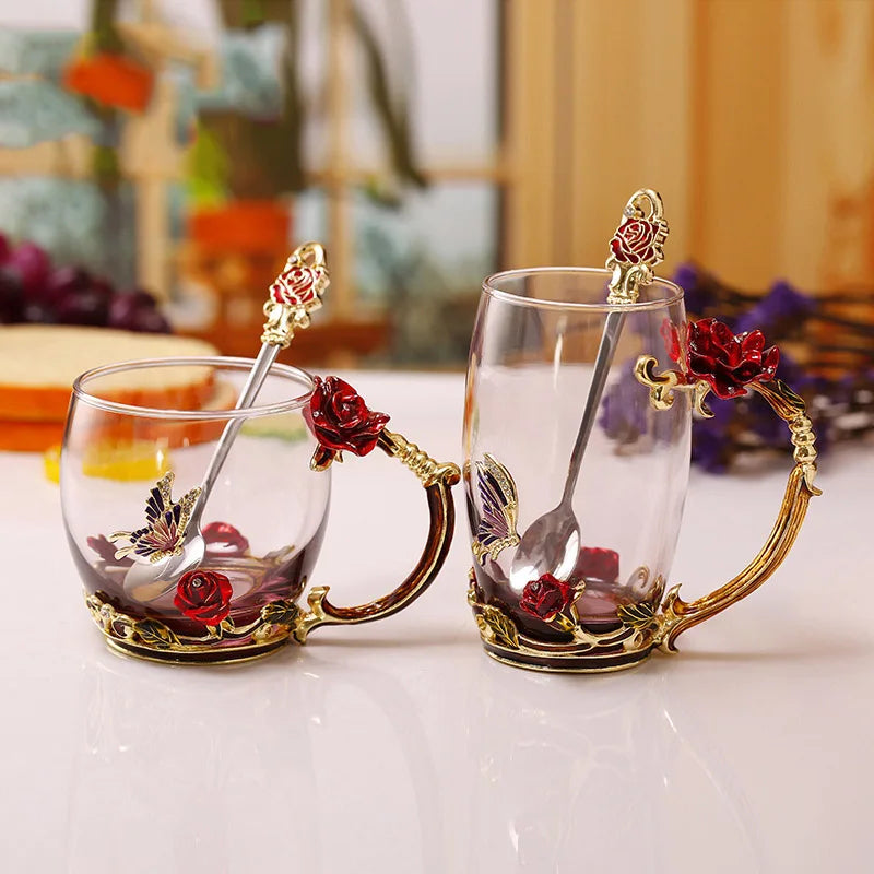 Clear Glass Coffee and Tea Mug Set with Stainless Steel Spoon and Coaster, Blue Rose Enamel Design