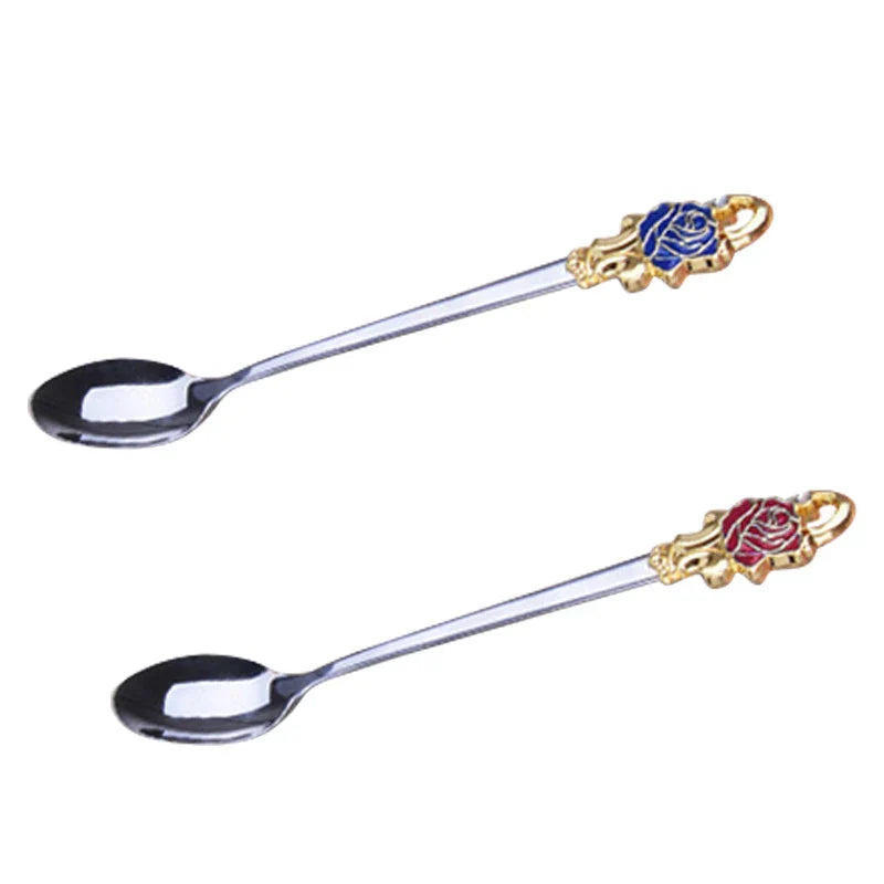 Clear Glass Coffee and Tea Mug Set with Blue Rose Enamel Design and Stainless Steel Spoon