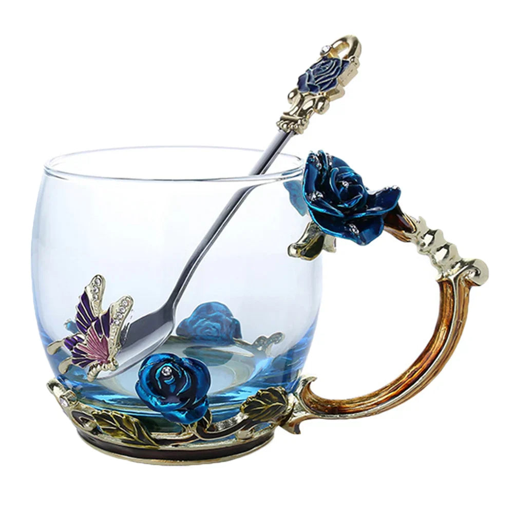 Clear Glass Coffee and Tea Mug Set with Blue Rose Enamel Design and Stainless Steel Spoon