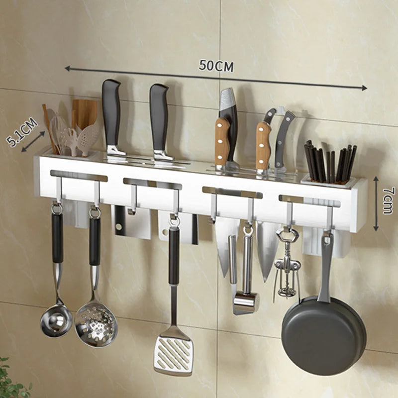 Stainless Steel Wall-Mounted Knife Holder with Hooks