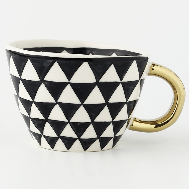 Geometric Ceramic Coffee Mug with Gold Handle