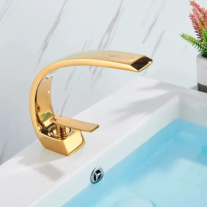 Gold Wall-Mounted Bathroom Faucet with Single Lever Mixer