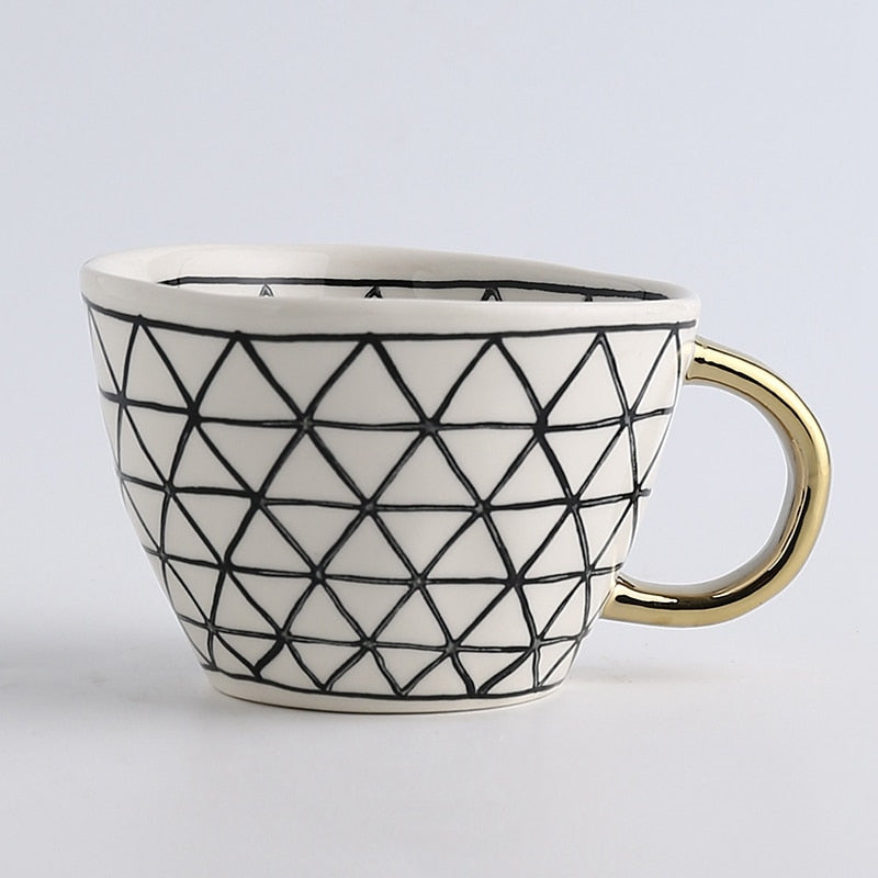 Geometric Ceramic Coffee Mug with Gold Handle
