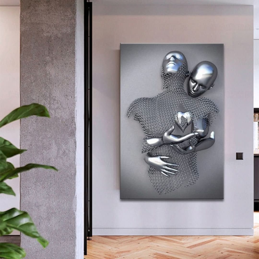 Abstract Love Wall Art - Metallic Couple Sculpture on Canvas