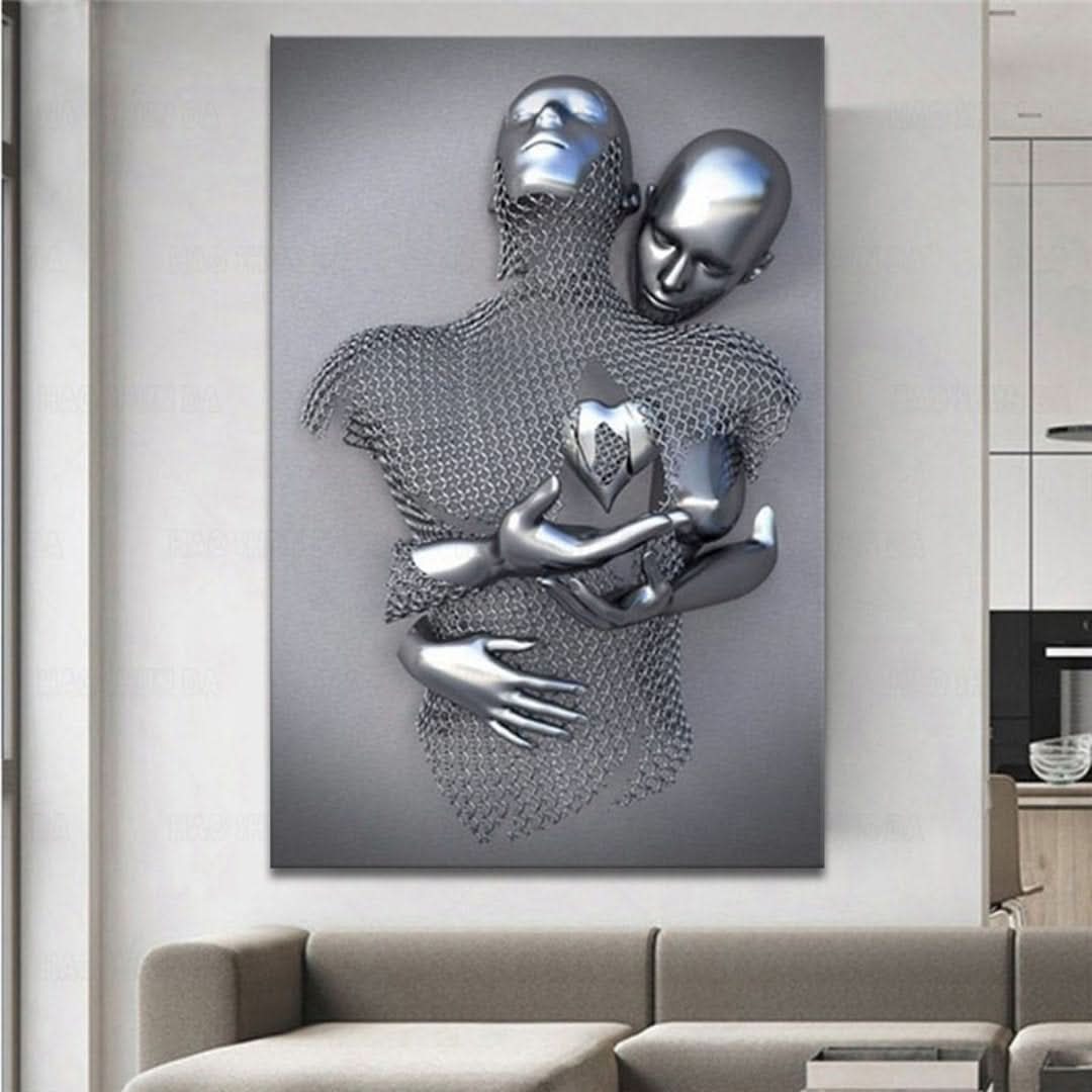 Abstract Love Wall Art - Metallic Couple Sculpture on Canvas