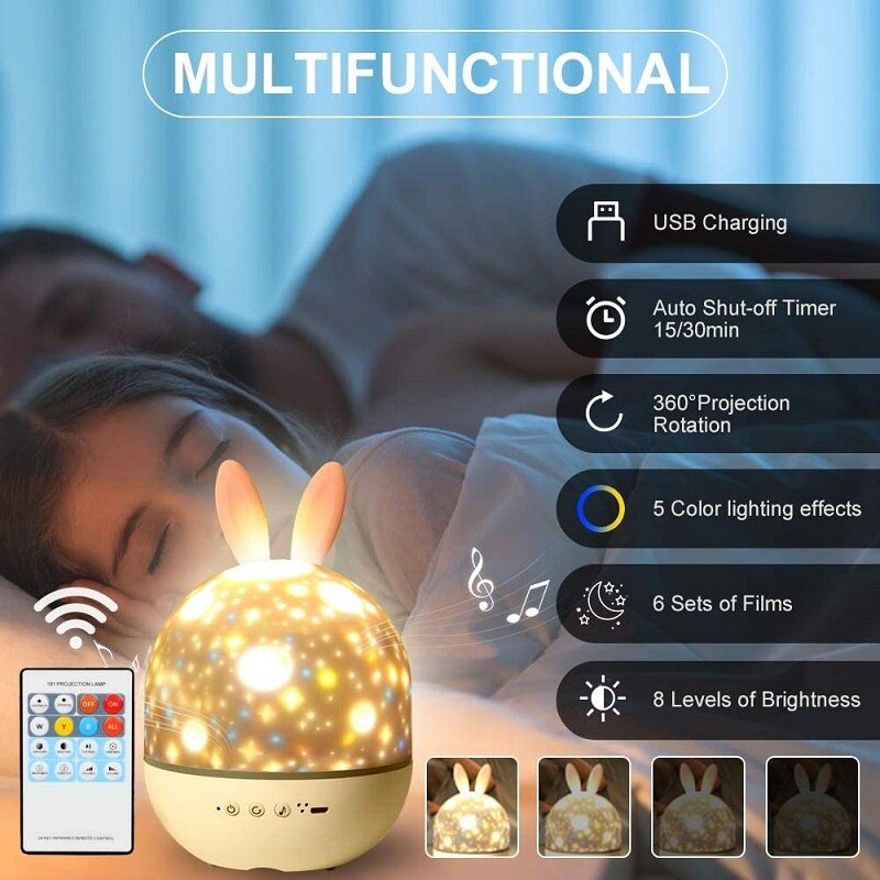 LED Bunny Projector Night Light with Starry Sky Effects