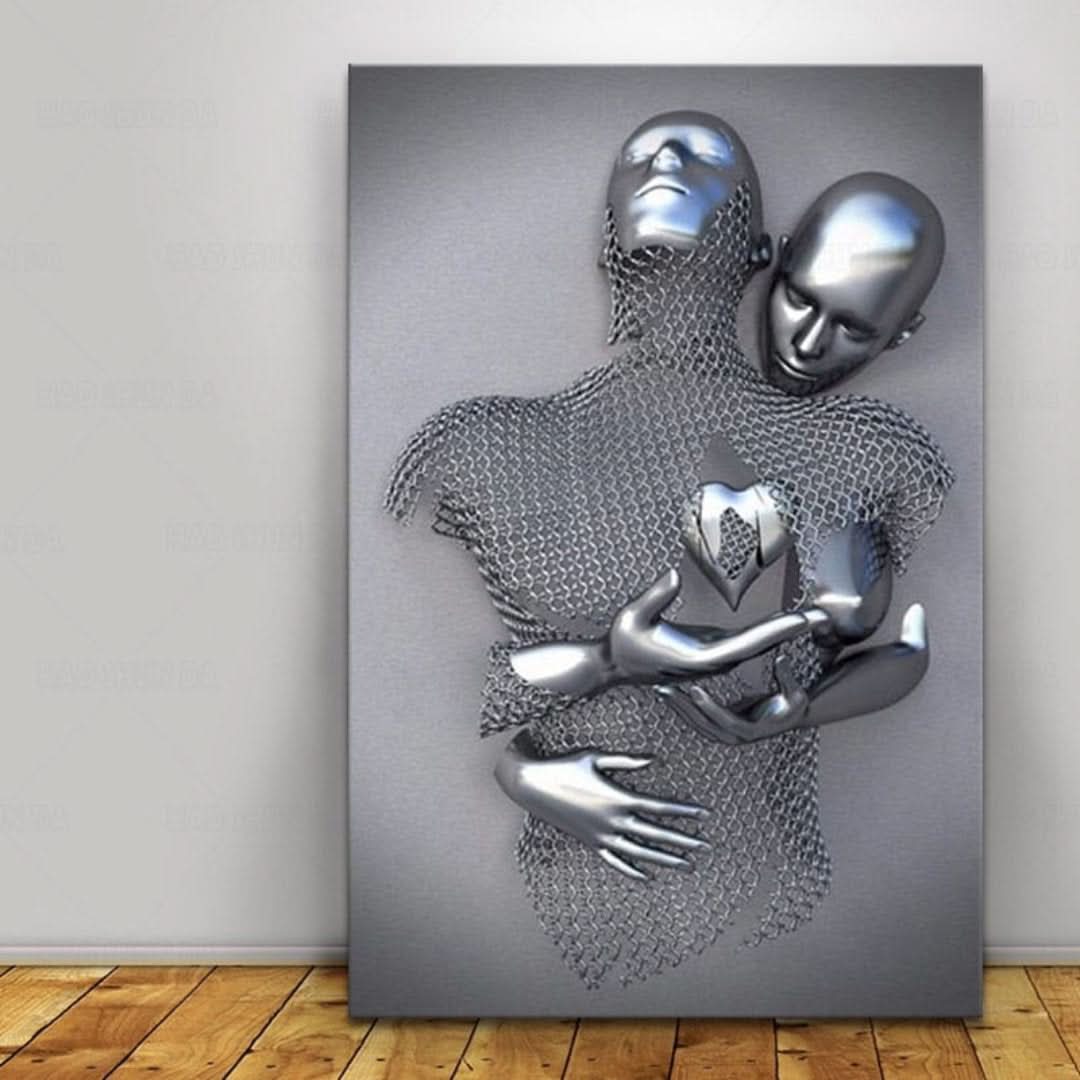 Abstract Love Wall Art - Metallic Couple Sculpture on Canvas
