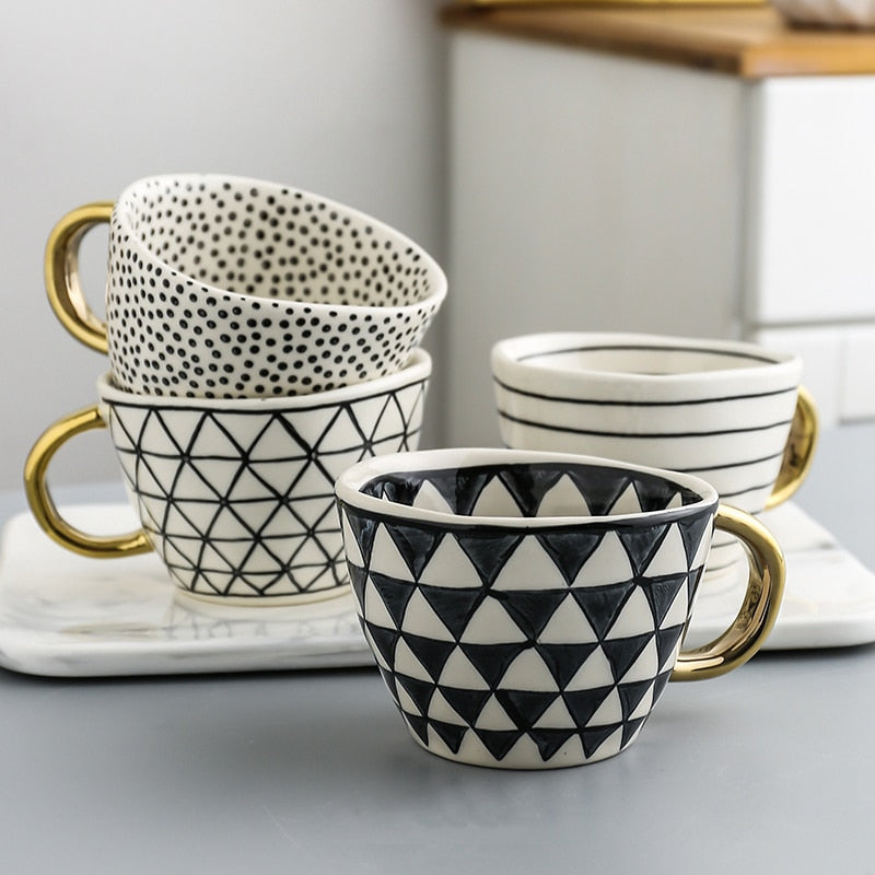 Geometric Ceramic Coffee Mug with Gold Handle