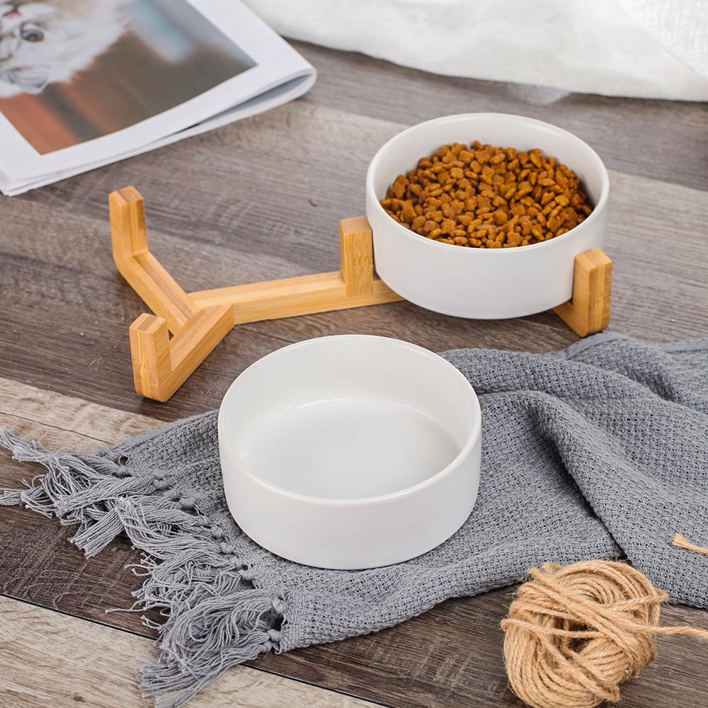 Ceramic Pet Feeding Bowl with Bamboo Base