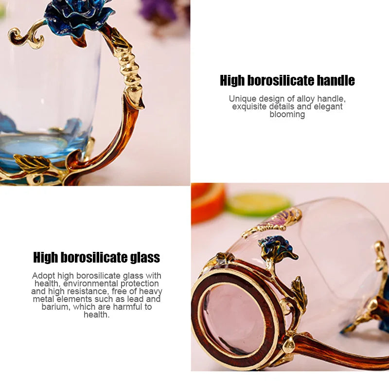 Clear Glass Coffee and Tea Mug Set with Stainless Steel Spoon and Coaster, Blue Rose Enamel Design