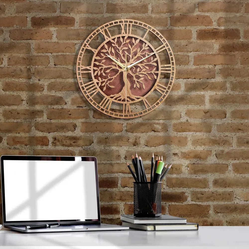 Rustic Wooden Wall Clock with Tree of Life Design