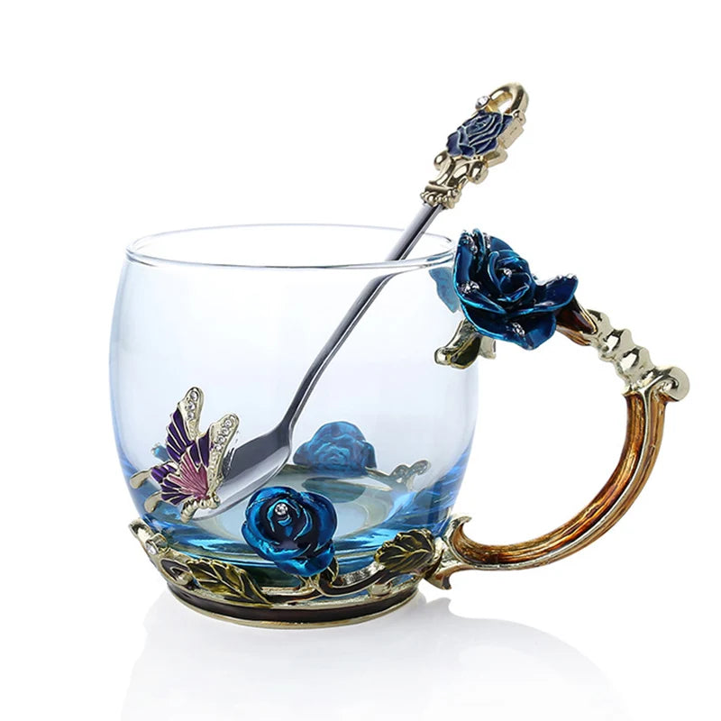 Clear Glass Coffee and Tea Mug Set with Blue Rose Enamel Design and Stainless Steel Spoon