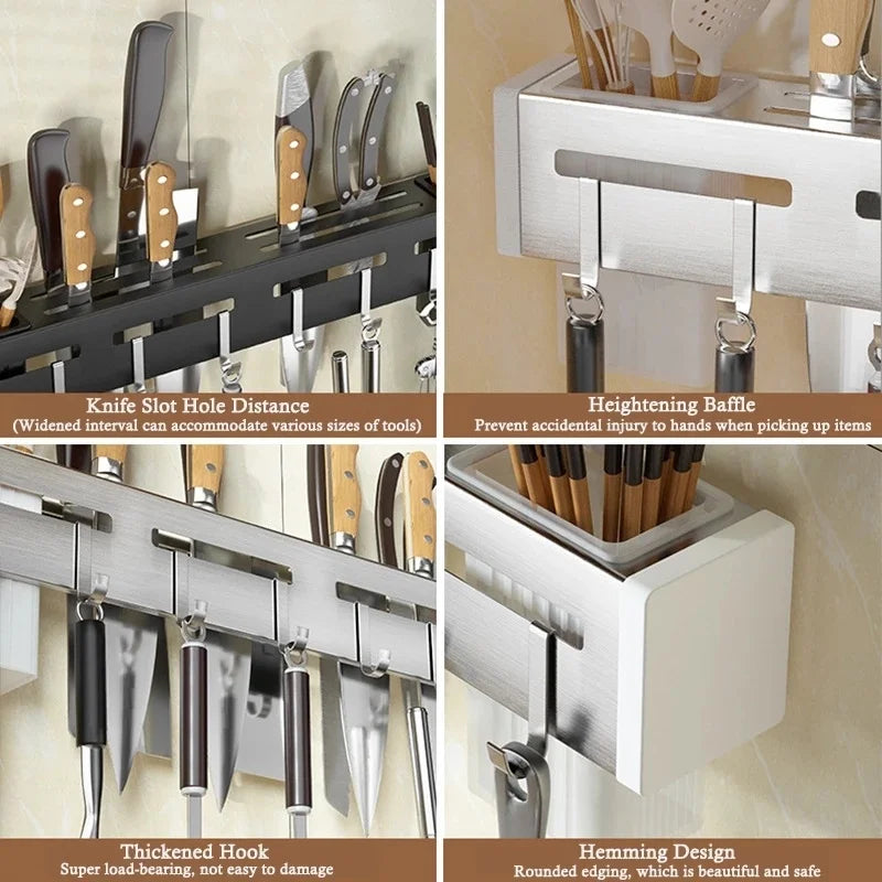 Stainless Steel Wall-Mounted Knife Holder with Hooks