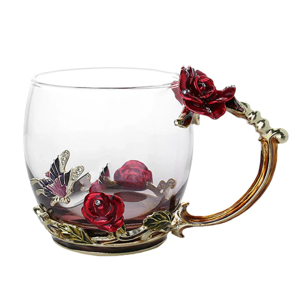 Clear Glass Coffee and Tea Mug Set with Blue Rose Enamel Design and Stainless Steel Spoon