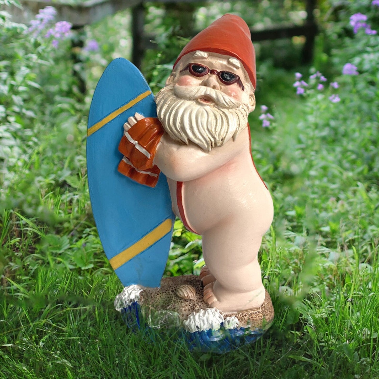 Surfboard Garden Gnome Statue - Playful Outdoor Decor
