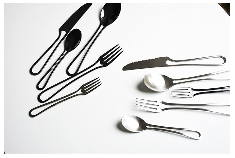 Stainless Steel Outline Cutlery Set - 3-Piece Fork, Knife, Spoon in Silver or Black