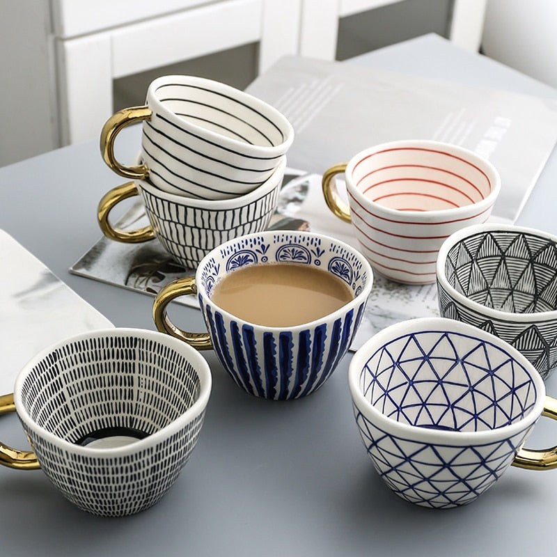 Geometric Ceramic Coffee Mug with Gold Handle