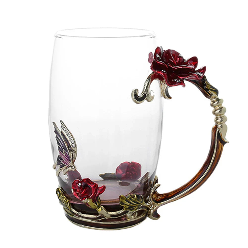 Clear Glass Coffee and Tea Mug Set with Blue Rose Enamel Design and Stainless Steel Spoon