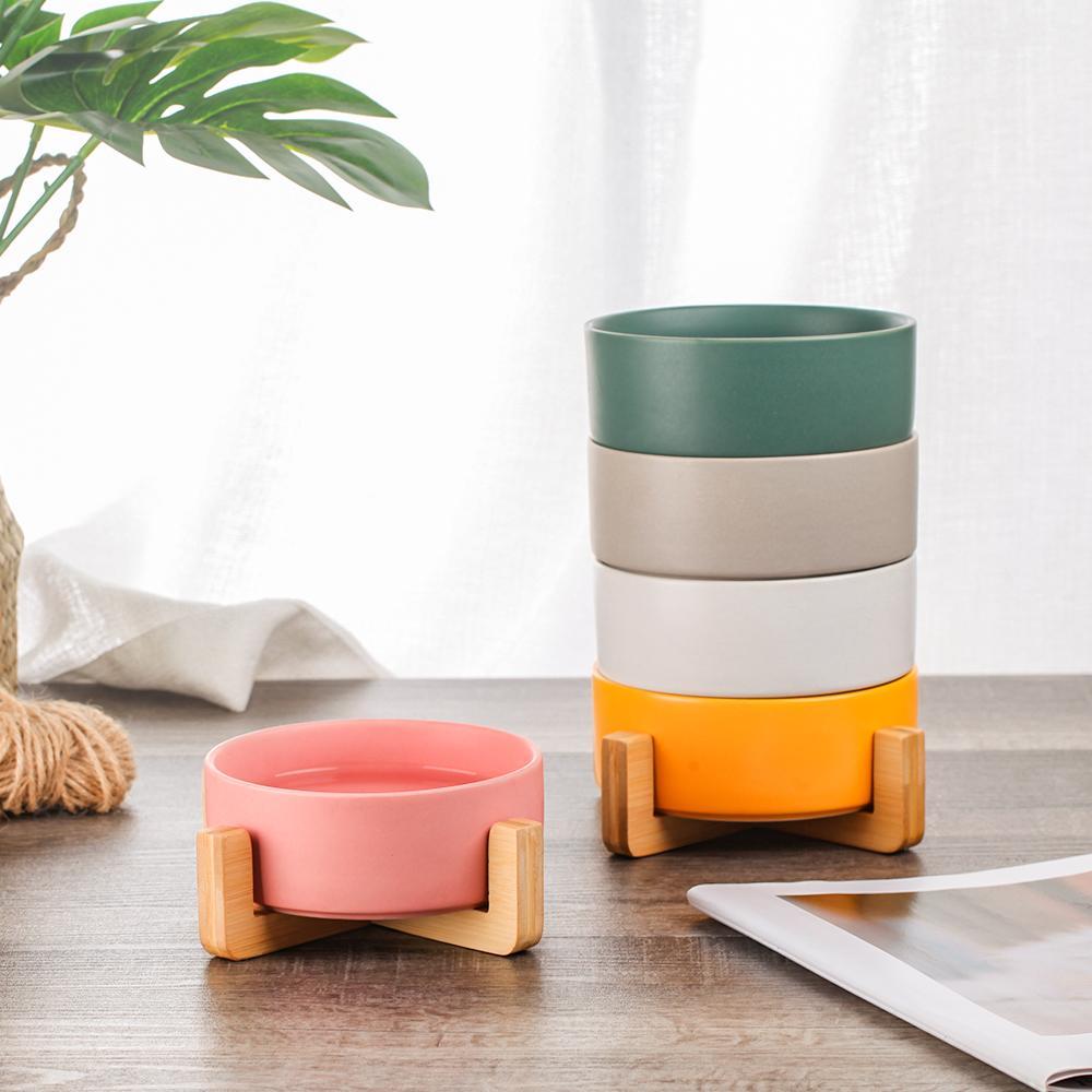 Ceramic Pet Feeding Bowl with Bamboo Base
