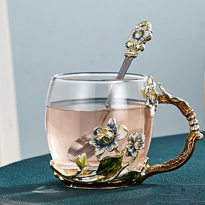 Handcrafted Enamel Flower Glass Coffee Mug for Tea and Lemon Juice