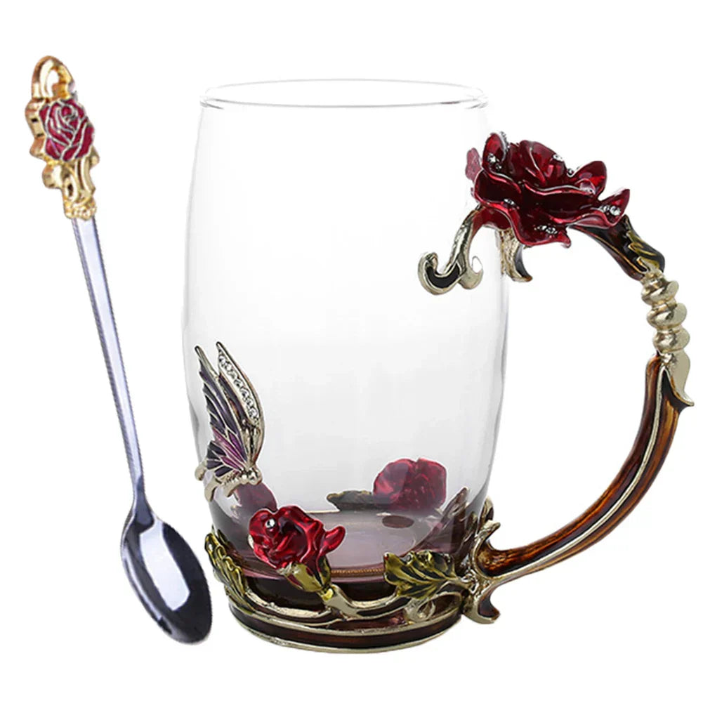 Clear Glass Coffee and Tea Mug Set with Stainless Steel Spoon and Coaster, Blue Rose Enamel Design