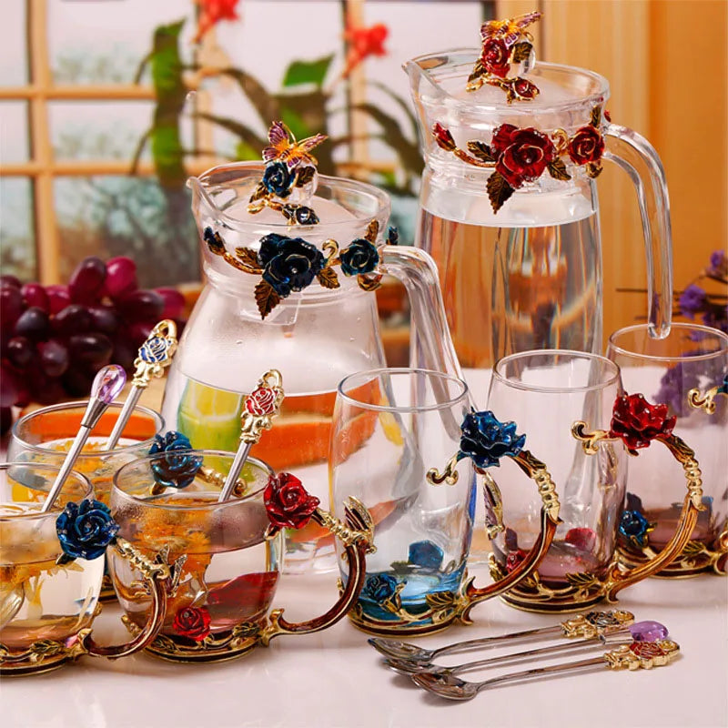 Clear Glass Coffee and Tea Mug Set with Blue Rose Enamel Design and Stainless Steel Spoon