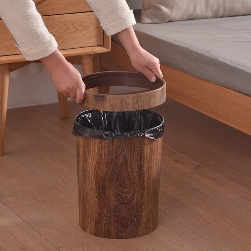Retro Wood Grain Trash Can - 8L Eco-Friendly Plastic Waste Bin