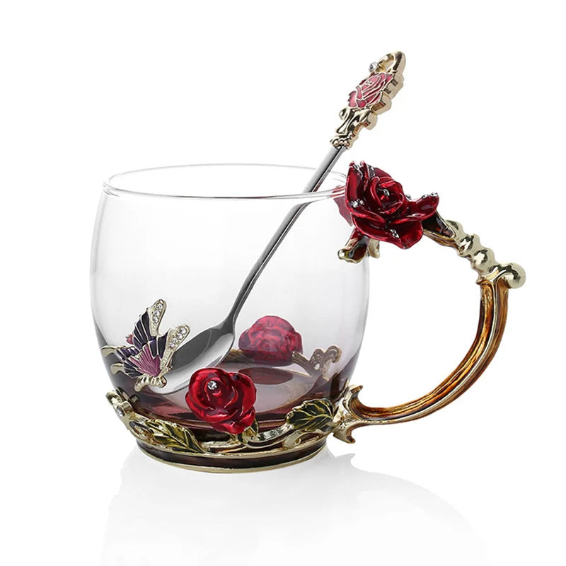 Clear Glass Coffee and Tea Mug Set with Blue Rose Enamel Design and Stainless Steel Spoon