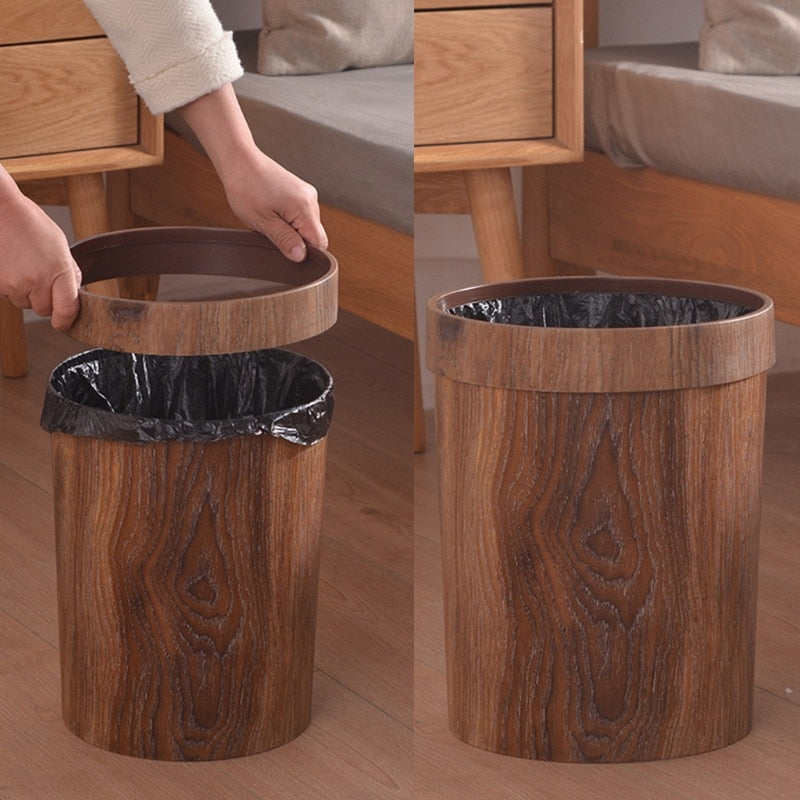 Retro Wood Grain Trash Can - 8L Eco-Friendly Plastic Waste Bin