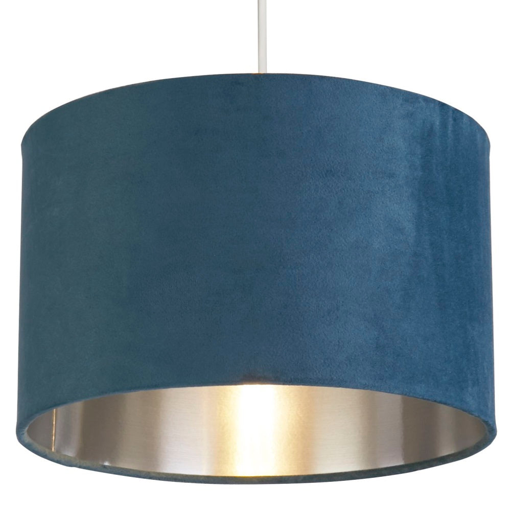 Teal Blue Velvet Drum Lampshade with Silver Lining 11 Inch