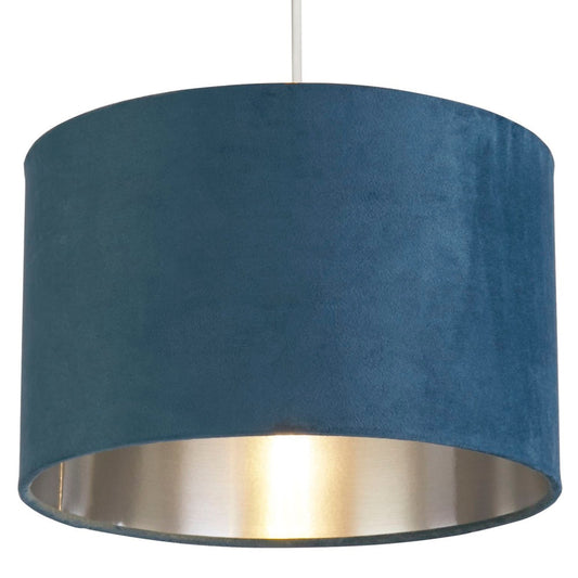 Teal Blue Velvet Drum Lampshade with Silver Lining 11 Inch