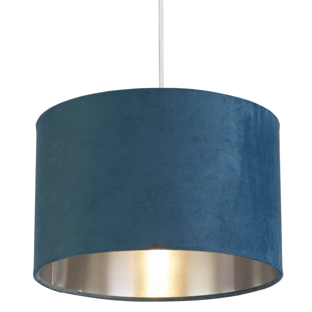 Teal Blue Velvet Drum Lampshade with Silver Lining 11 Inch