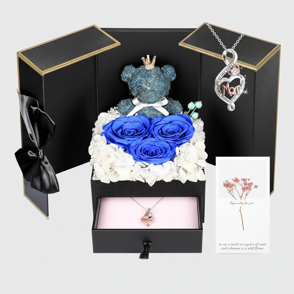 Eternal Roses with I Love You Necklace and Moss Bear Gift Set