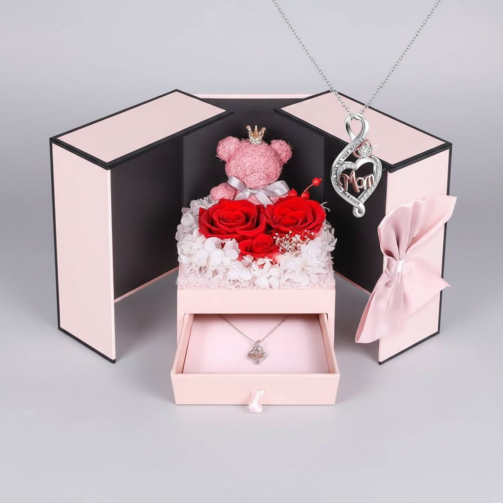 Eternal Roses with I Love You Necklace and Moss Bear Gift Set