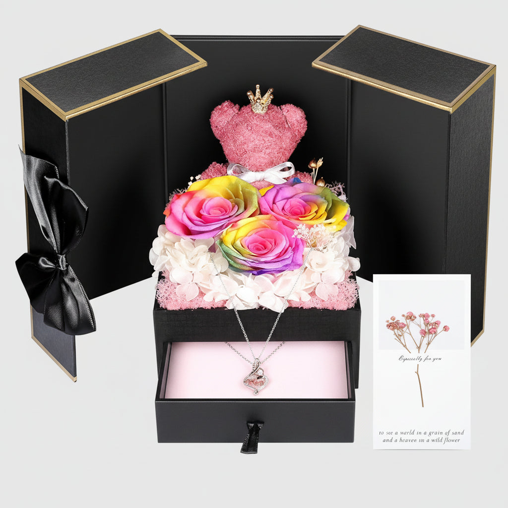 Eternal Roses with I Love You Necklace and Moss Bear Gift Set