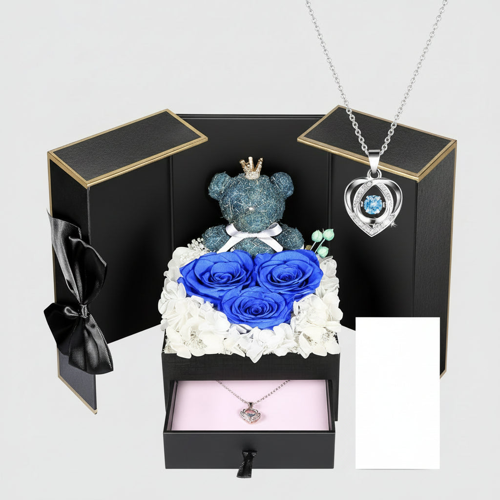 Eternal Roses with I Love You Necklace and Moss Bear Gift Set