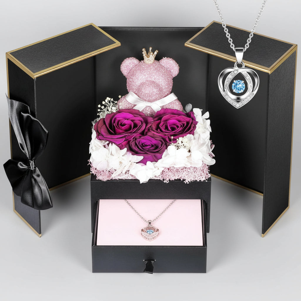Eternal Roses with I Love You Necklace and Moss Bear Gift Set