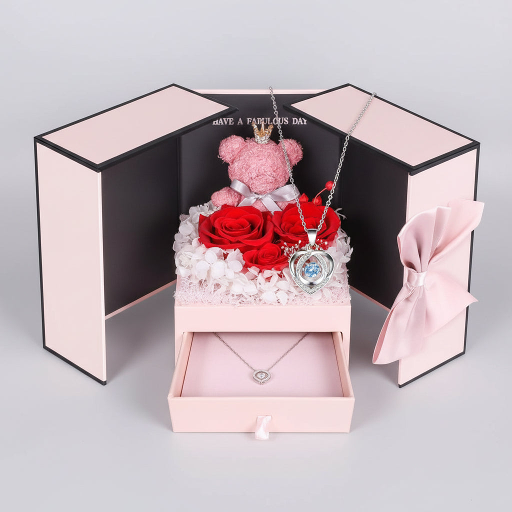 Eternal Roses with I Love You Necklace and Moss Bear Gift Set