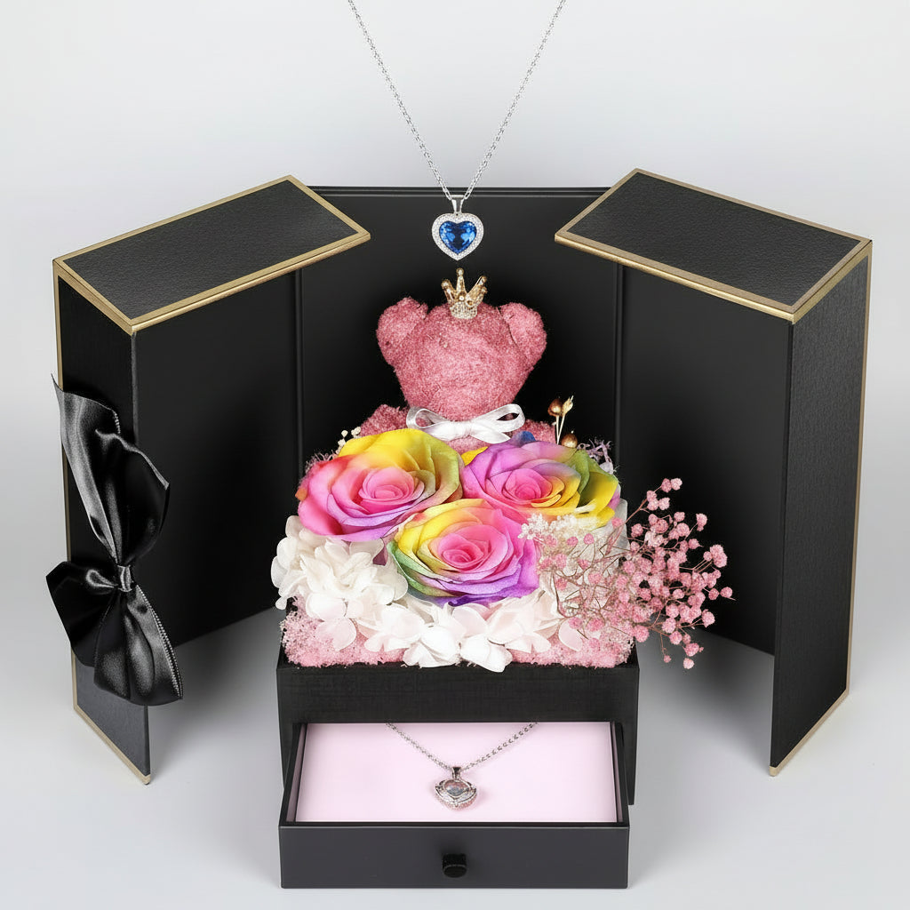 Eternal Roses with I Love You Necklace and Moss Bear Gift Set