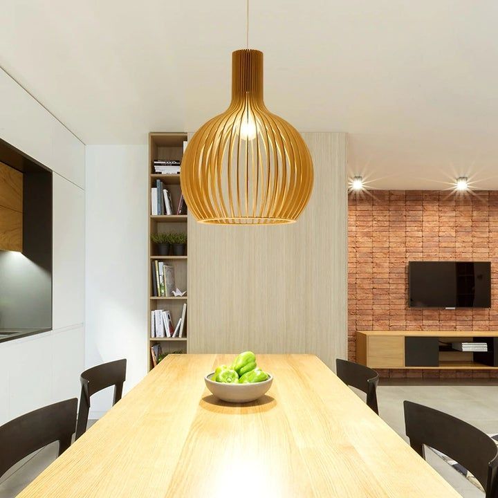 Handcrafted Wooden Pendant Lamp - Adjustable Height, Artisanal Design
