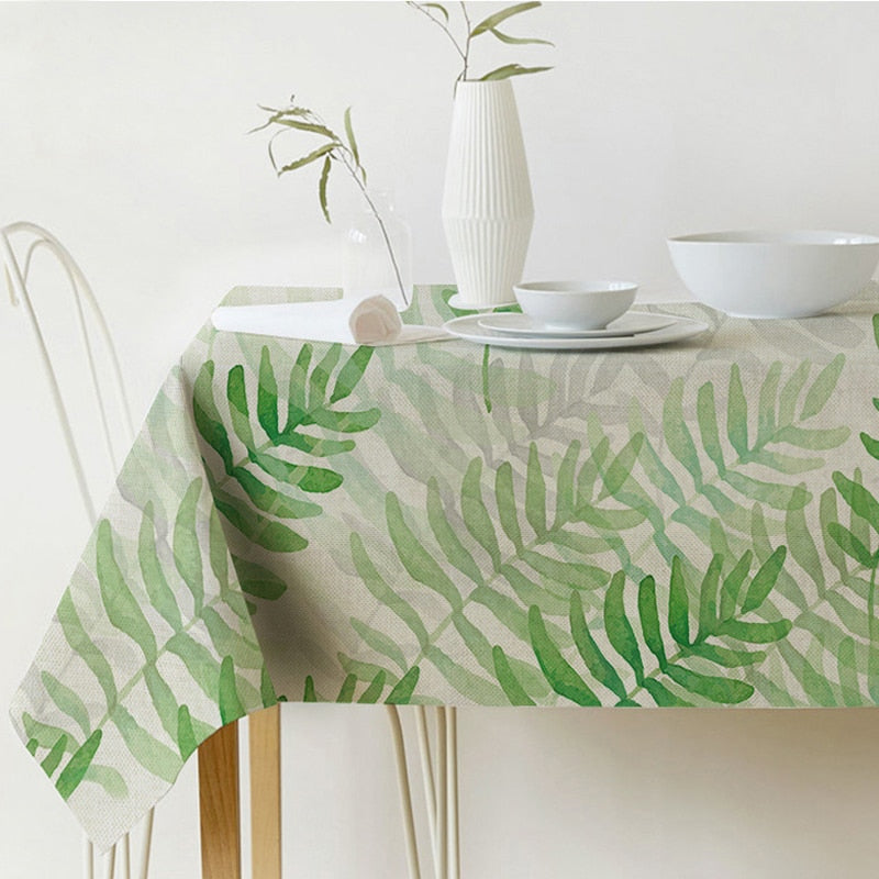 Linen Cotton Rectangular Tablecloth with Tropical Leaf Print