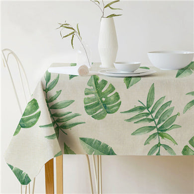 Rectangular Green Tropical Leaf Linen Tablecloth