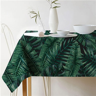 Rectangular Green Tropical Leaf Linen Tablecloth