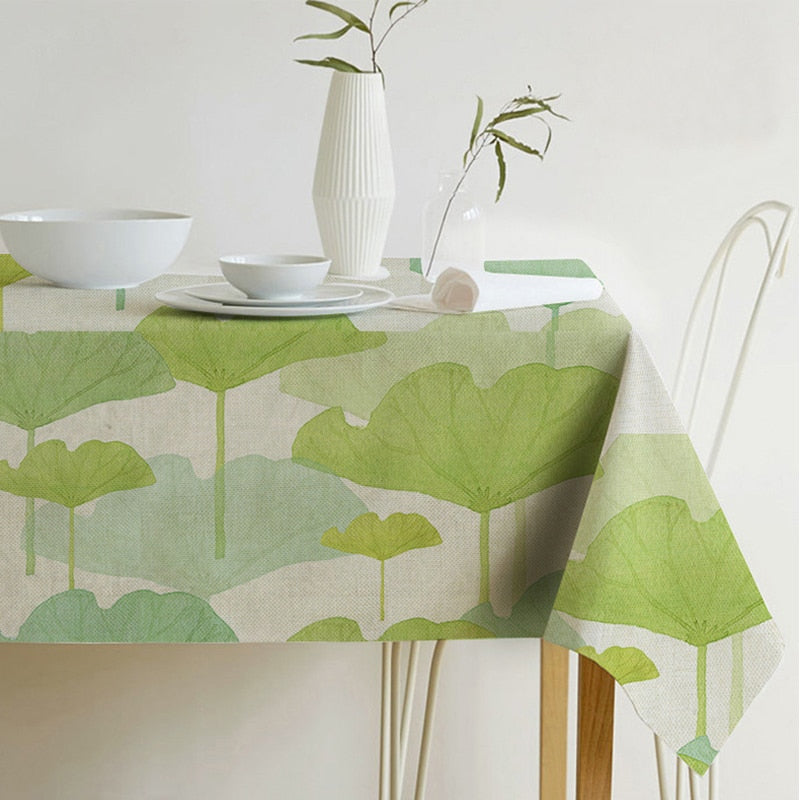 Rectangular Green Tropical Leaf Linen Tablecloth