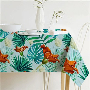 Rectangular Green Tropical Leaf Linen Tablecloth