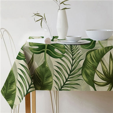 Rectangular Green Tropical Leaf Linen Tablecloth
