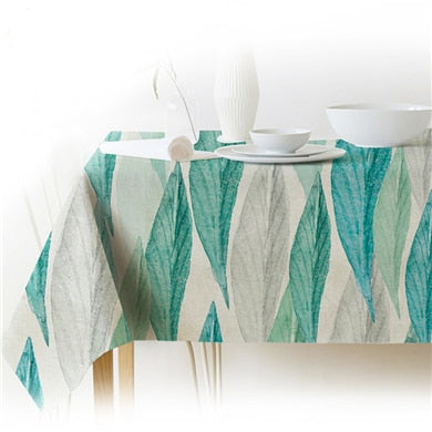 Rectangular Green Tropical Leaf Linen Tablecloth